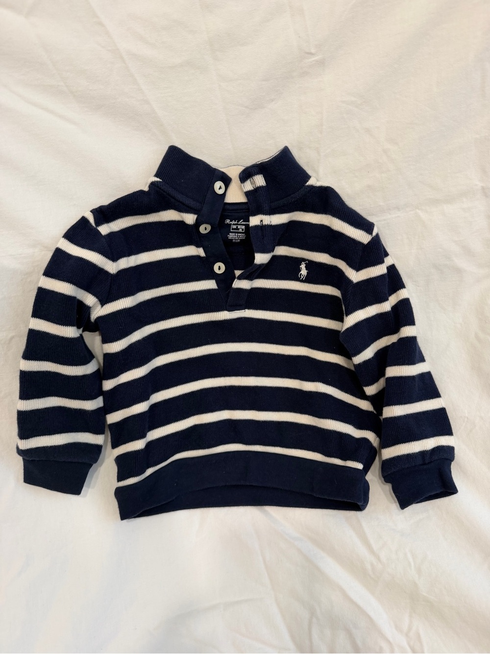 Ralph Lauren Navy & White Striped Button Mock Collar Sweatshirt